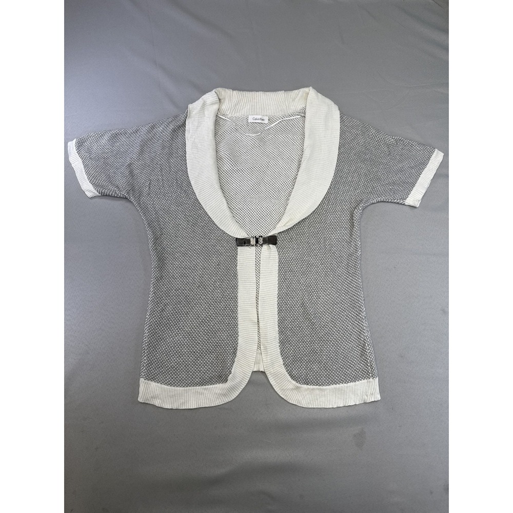 Calvin Klein Cardigan XS Gray White Knit Shawl Collar Short Sleeve Open Front